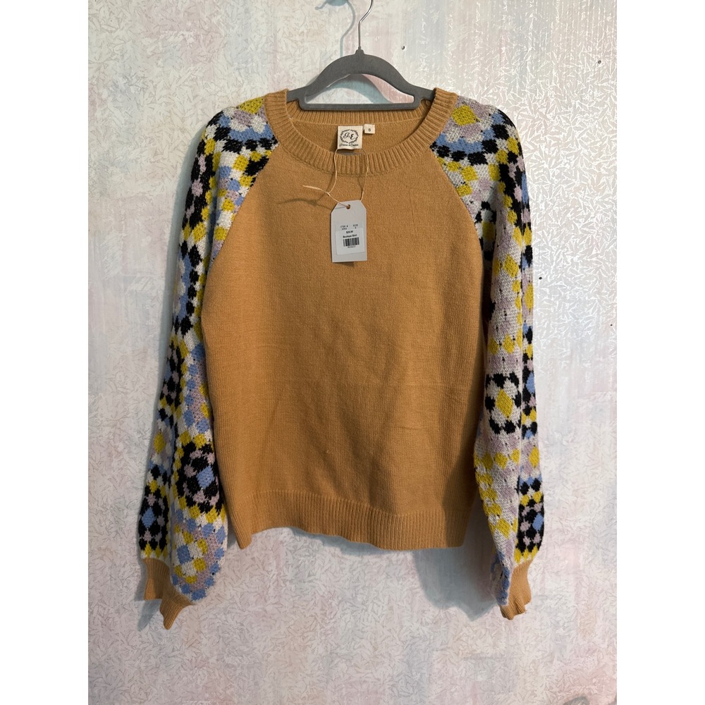Grace & Emma Camel Tan Sweater Multi Color Geometric Knit Raglan Sleeves Small